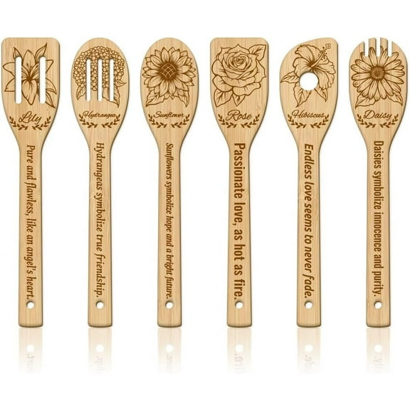 1 set 6pcs Bamboo Spoons Knifes Forks Flatware for Dessert Flower 60x300mm 6 style 1pc/style 6pcs/set