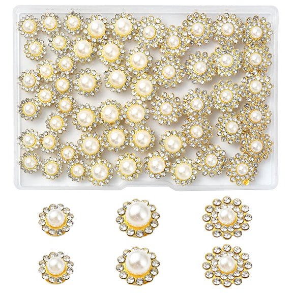 1 set 70pcs Sew on Rhinestone Resin Rhinestone with Iron Prong Settings and Plastic Imitation Pearl Beads Garments Accessories Faceted Flower Golden 9~14mm