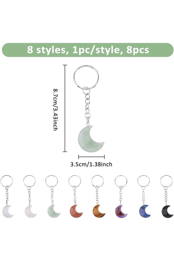 1 set 8 Styles Gemstone Keychain Moon Stone Keychain Natural Stone Keyring Quartz Pendants with Iron Split Key Rings for Women Key Bag Purse Decoration 8.7cm
