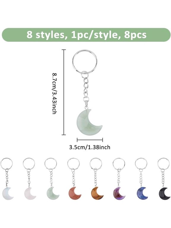 1 set 8 Styles Gemstone Keychain Moon Stone Keychain Natural Stone Keyring Quartz Pendants with Iron Split Key Rings for Women Key Bag Purse Decoration 8.7cm