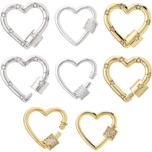 1 set 8pcs 4 styles Brass Micro Pave Clear Cubic Zirconia Screw Carabiner Lock Heart Mixed color 17.5~21x20~22x5.5~6mm Brass+Cubic Zirconia