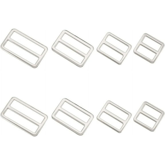 1 set 8pcs Alloy Slider Tri-Glide Buckle Flat Metal Slide Button Fastener Dual Adjustable bag Belt TriGlide Strap Keeper Backpack Handmade Accessories for Purse Making Webbing DIY Crafts Platinum