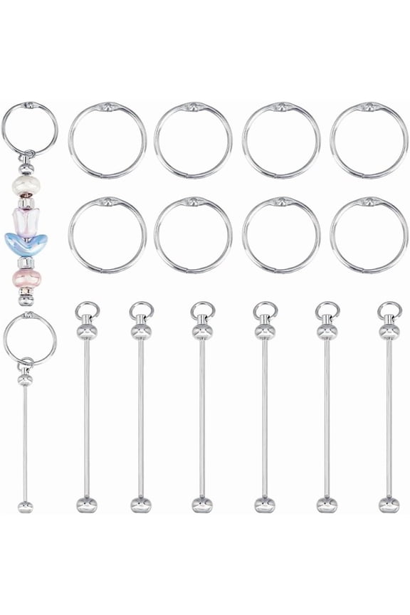 1 set 8pcs Iron Bar Beadable Keychains with 8pcs Iron Loose Leaf Book Binder Hinged Round Rings Platinum 7.8cm