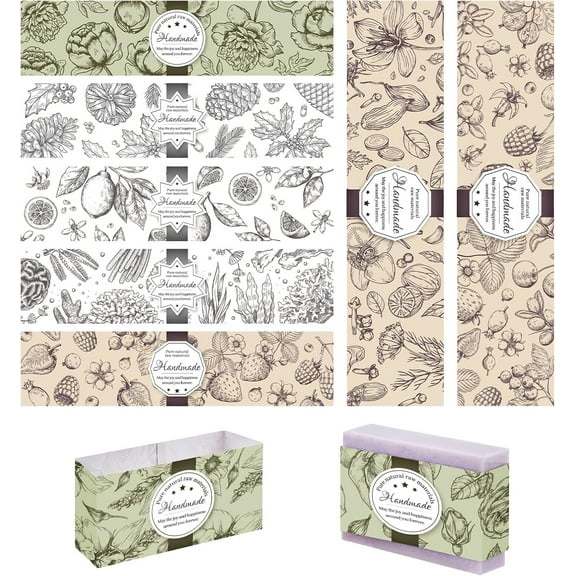 1 set 90pcs Natural Plant Wrapper 90pcs Sleeves Covers Vertical Tags Band Label No-Adhesive Paper Tape Crafts Wrapper for Handmade Soap Lotion Bars Bath Gift Wrapping 21x5cm/8.5x1.9 inch