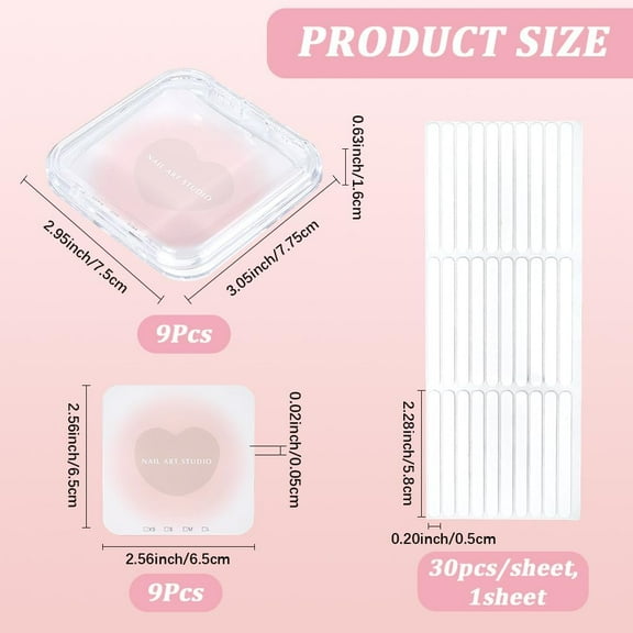 1 set 9Pcs 7.75 x 7.5cm Clear Nail Art Display Box Press on Nail Storage Boxes with 30Pcs Double Sided Stickers 9Pcs Pink Heart Display Cards for Press ons Artificial False Tips Beauty Charms Women