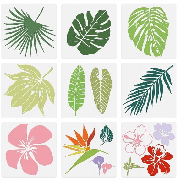 1 set 9Pcs Tropical Leaf and Flower Wall Stencil Templates 11.8 x 11.8 Inch Plastic Reusable Art Stencils for Painting on Walls Floors Fabric Furniture Glass DIY Home Decor