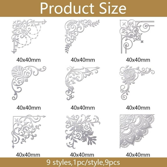 1 set 9pcs 1.6x1.6 Inch Vintage Border Corner Stickers Silver Self Adhesive Metal Stickers Decorative Decals Scrapbook Edge Metal Stickers Patterned Decals for DIY Resin Crafts Phone Decoration