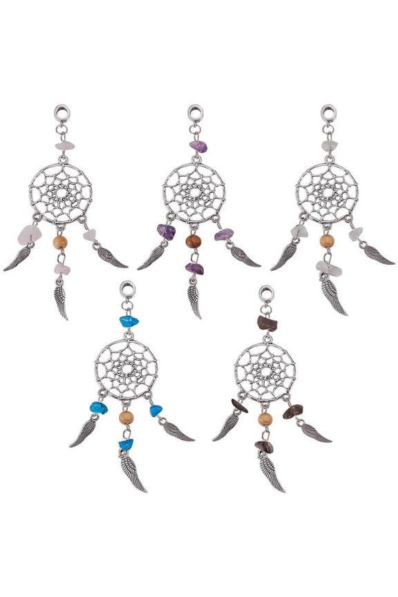 1 set Alloy European Dangle Charms Woven Net/Web with Feather Large Hole Pendants with Mixed Gemstone Antique Silver 96mm Hole: 5mm Mixed Stone