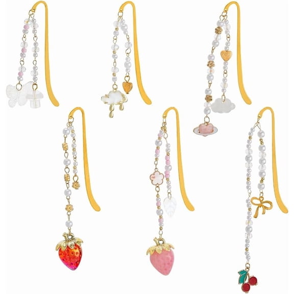 1 set Alloy Hook Bookmark Glass & Acrylic Beads Bookmark Strawberry & Butterfly & Cherry Golden 155~217mm 6pcs/set