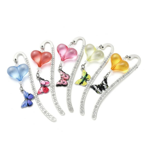 1 set Alloy Hook Bookmarks Acrylic Heart Alloy Enamel Butterfly Pendant Bookmarks Mixed color 83x14x1.5mm 5pcs/set