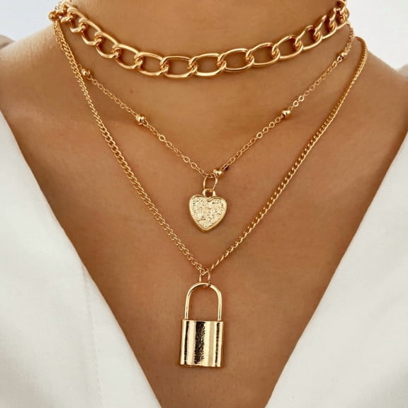 1 set Alloy Pendant Layered Chain Necklaces for Women Golden Lock 17.72 inch(45cm)