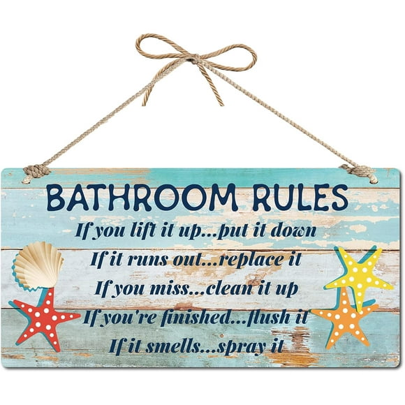 1 set Beach Bathroom Decor Sign Funny Wall Art Hanging Decoration Ocean Seashell Starfish PVC Plastic Door Plaque Vintage Home Decor Blue 11.8x6inch