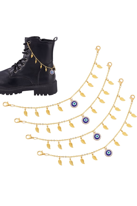 1 set Brass Boot Strap Chains Evil Eye Leaf Alloy Rhinestone Charms Chains for Shoe Decoration Golden 250mm 4pcs/set