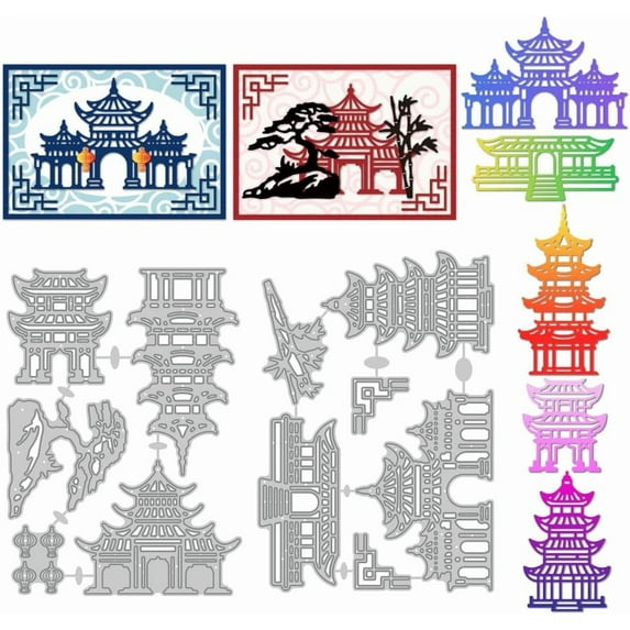 1 set Chinese Building Theme Carbon Steel Cutting Dies Stencils for DIY Scrapbooking Photo Album Decorative Embossing Paper Card 153~160x109~110x0.8mm 2pcs/set