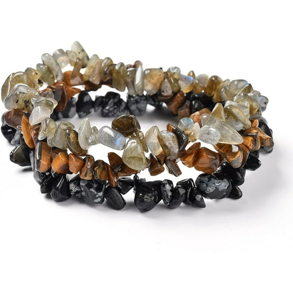 1 set Chips Natural Labradorite Snowflake Obsidian Tiger Eye Beaded Stretch Bracelets sets Stackable Bracelets Inner Diameter: 2-1/8 inch(5.5cm) 3pcs/set