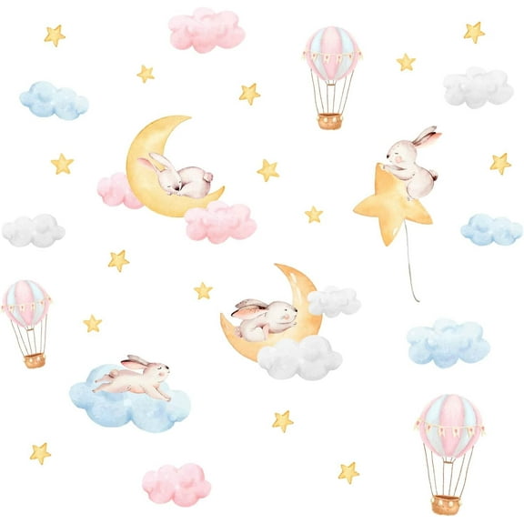 1 set Colorful Cloud Rabbit Wall Sticker Moon and Star Wall Decor Hot Air Balloon Wall Decals Vinyl Wall Art Decal for for Baby Room Bedroom Living Room Nursery Kindergarten Decorations