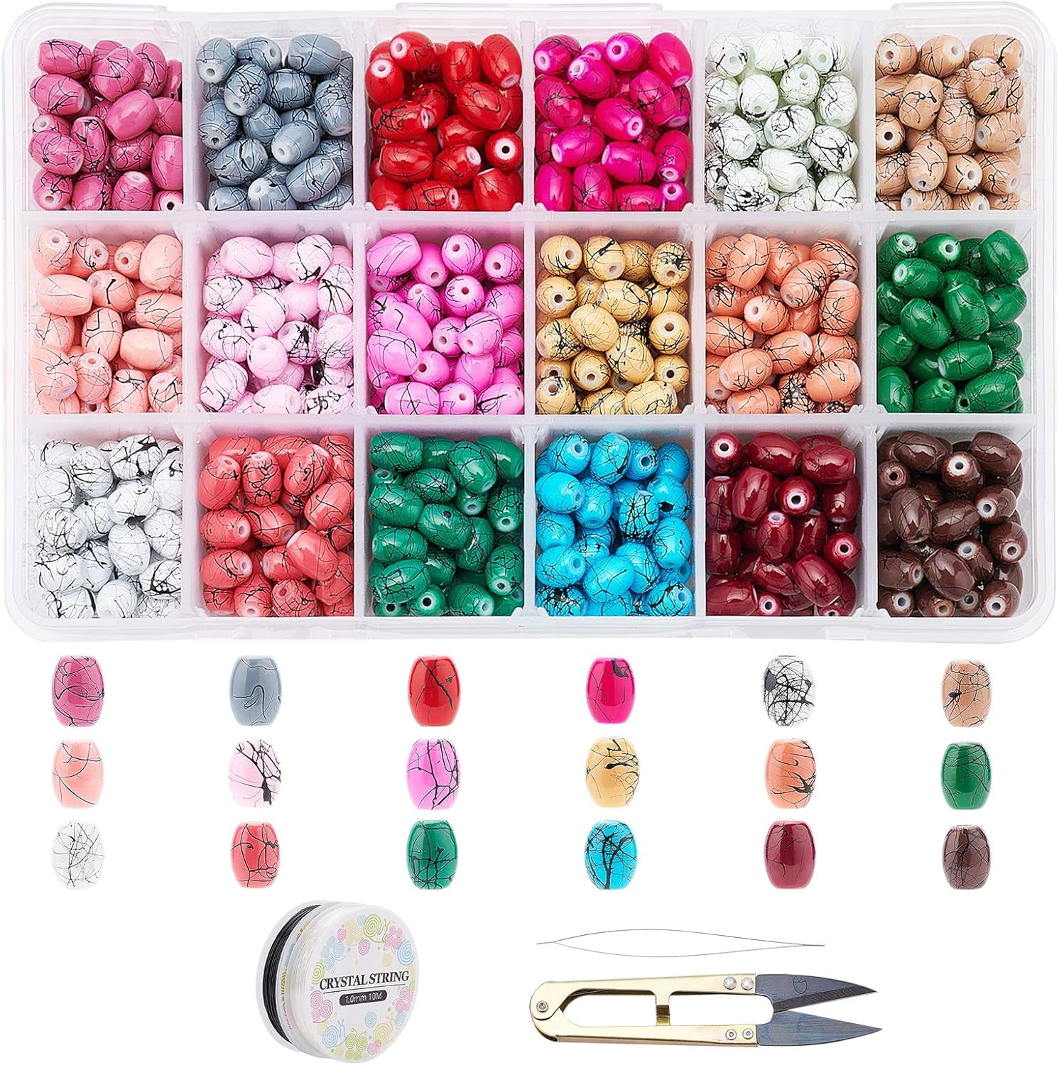 1 set DIY Baking Painted Drawbench Glass Beads Stretch Bracelet Making Kits include Steel Scissors Elastic Thread Stainless Steel Beading Needles Mixed color Beads: 8x6mm Hole: 1mm 900pcs/set Glass