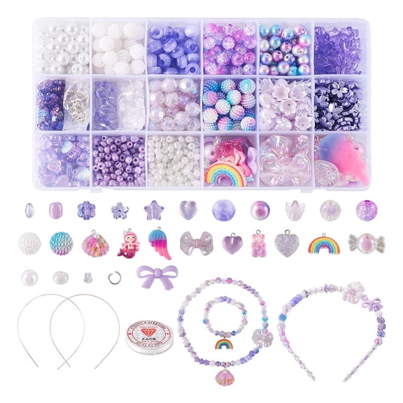 1 set DIY Cute Cartoon Hair Band Bracelet Making Kit Including Wing Rainbow Resin Pendants Candy Bowknot Star Acrylic Plastic Pearl Glass Seed Beads Iron Hair Band Findings Purple 876pcs/set