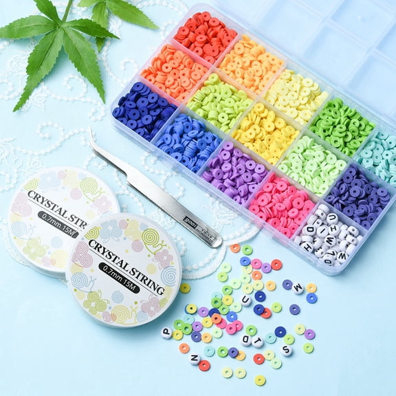 1 set DIY Heishi Word Bracelet Making Kit Including Disc/Flat Round Polymer Clay Letter Acrylic Beads Elastic Thread Tweezers Mixed color Beads: 112g/set