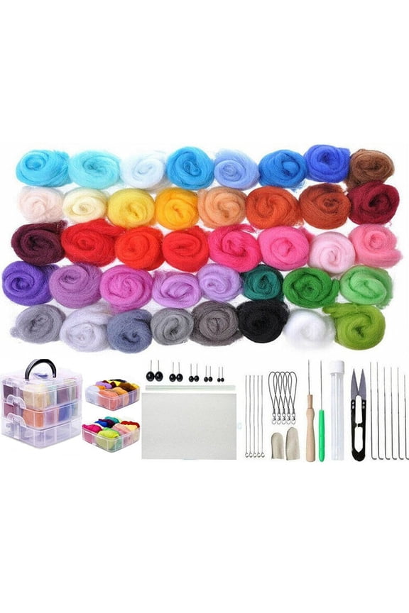 1 set DIY Needle Felting Kits for Beginners Arts including 40 colors Wool Roving Punch Needles Foam Pad Finger Guard Scissors Keychain Chain and Craft Eyes Mixed color 165x165x13mm