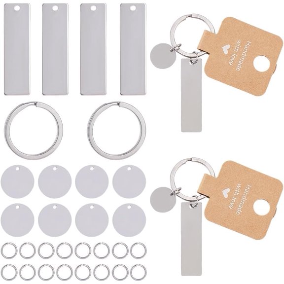1 set DIY Rectangle & Flat Round Blank 201 Stainless Steel Keychain Making Kits Stainless Steel color 45x13x1mm Hole: 2mm