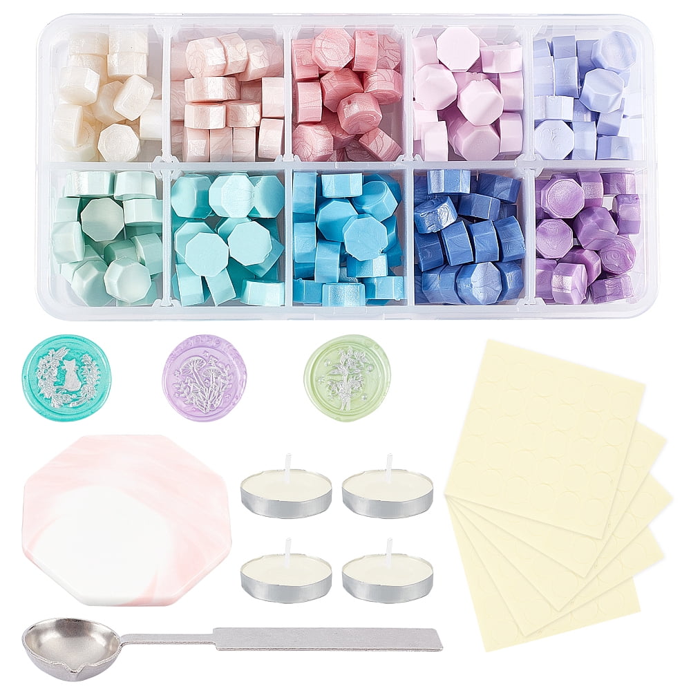 1 set DIY Scrapbook Making Kits Including Sealing Wax Particles Porcelain Cup Coasters Stainless Steel Wax Sticks Melting Spoon Candle and Label Stickers Mixed color 9mm 10 colors 30pcs/color 300pcs