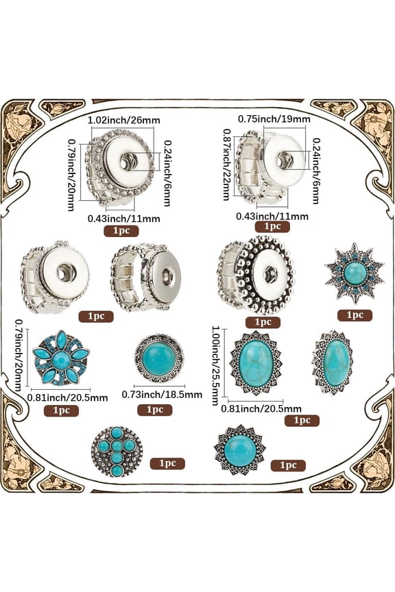 1 set DIY Snap Stretch Ring Kits including Alloy Rhinestone Interchangeable Snap Stretch Ring Settings & Rhinestone Resin Imitation Turquoise Alloy