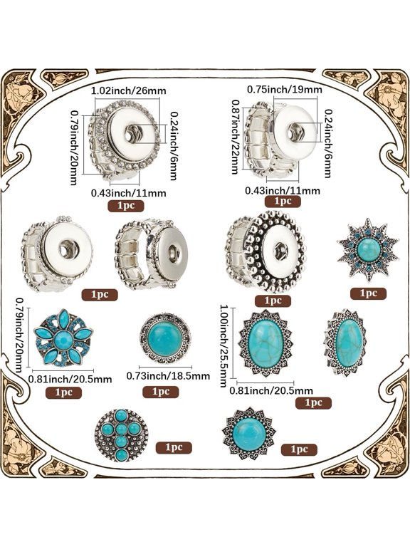 1 set DIY Snap Stretch Ring Kits including Alloy Rhinestone Interchangeable Snap Stretch Ring Settings & Rhinestone Resin Imitation Turquoise Alloy