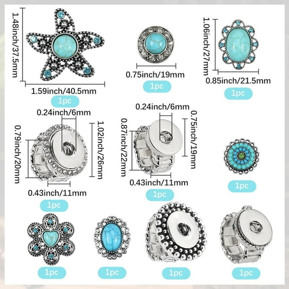 1 set DIY Snap Stretch Ring Kits including Alloy Rhinestone Interchangeable Snap Stretch Ring Settings & Rhinestone Resin Imitation Turquoise