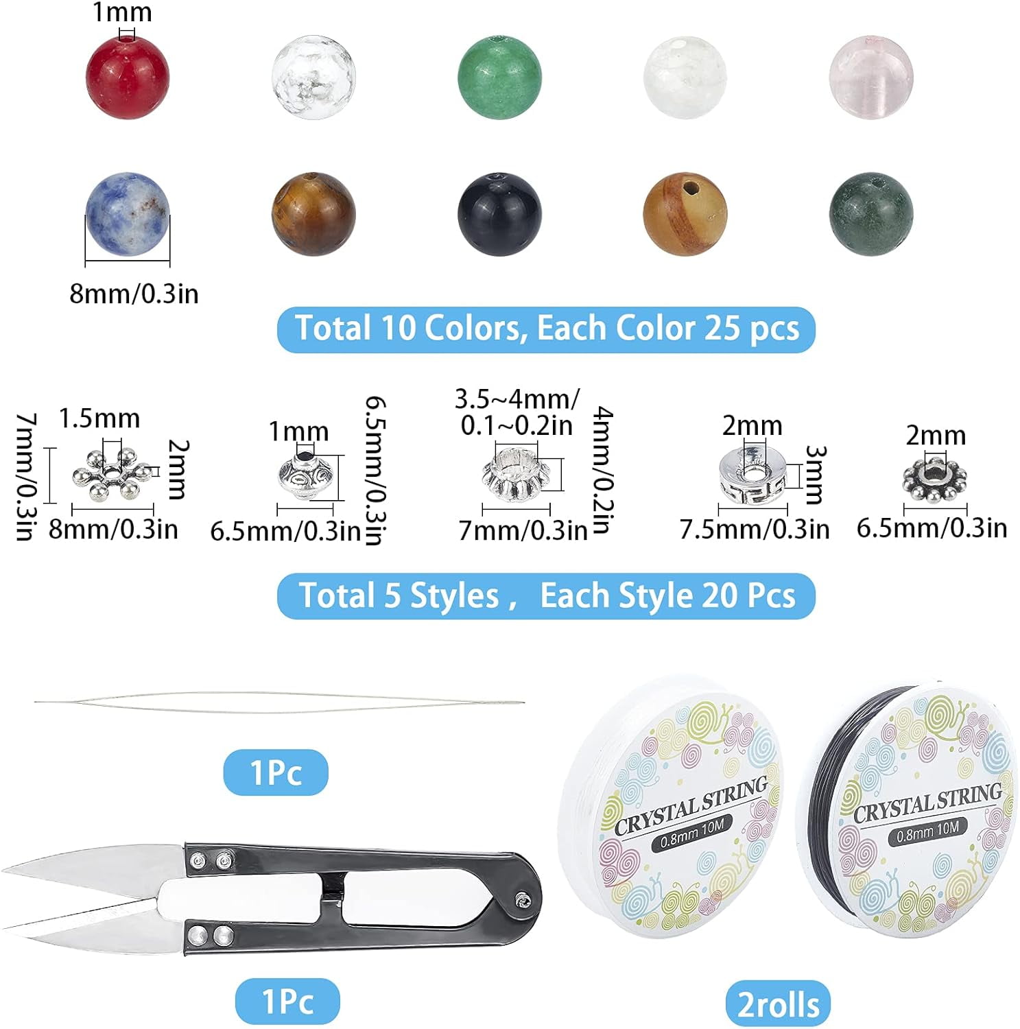 1 set DIY Stretch Bracelets Making Kits Including Natural Gemstone Round Beads Alloy Spacer Beads Iron Beading Needles Elastic Thread and Steel