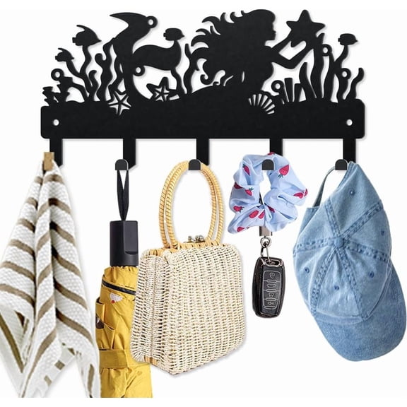 1 set Iron Wall Mounted Hook Hangers Decorative Organizer Rack with Screws 5 Hooks for bag Clothes Key Scarf Hanging Holder Mermaid 120x250mm