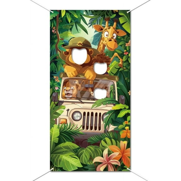 1 set Jungle Lion Photo Door Backdrop Props Wild Animals Large Fabric Photo Door Banner Decor for Jungle Theme Party Decor Funny Animals Face in Hole Photo Backdrop for Birthday Party 70.8x35.4Inch