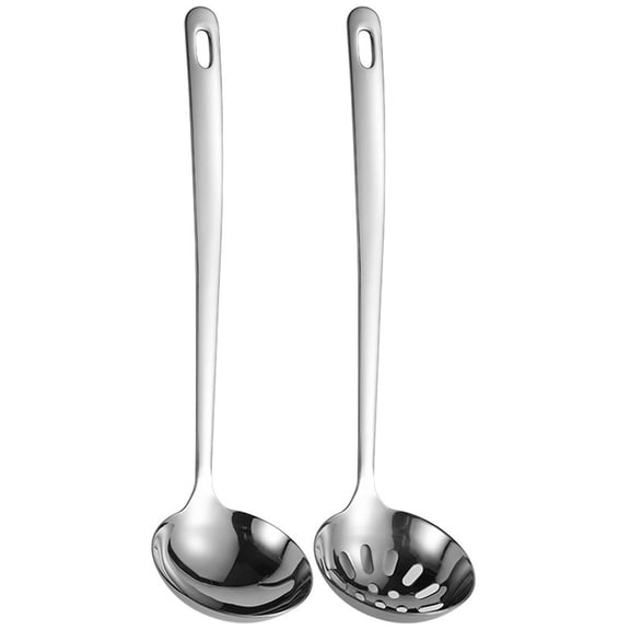 1 set Large Soup Ladle Skimmer Spoon Set Stainless Steel Strainer Gravy Colander Hot Pot Server - Silver