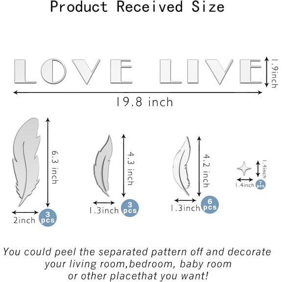 1 set Live Love 3D Acrylic Mirror Wall Decals Feather Self Adhesive Art Stickers Love Sign Silver Wall Stickers DIY Decor Mirrored Letters Wall Art for Bedroom Living Room