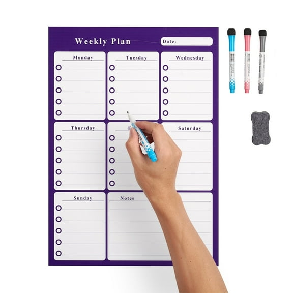 1 set Magnetic Dry Erase Weekly Calendar for Fridge with Fine Tip Markers and Large Eraser with Magnets Monthly Whiteboard Purple 42x29.8x0.05cm