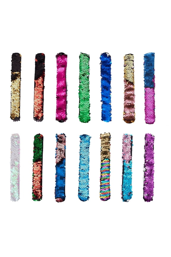 1 set Mermaid Slap Bracelets Two-color Reversible Charm Sequins Flip Wristbands Mixed color 8-1/4 inch(21cm) 25x3mm 14pcs/set