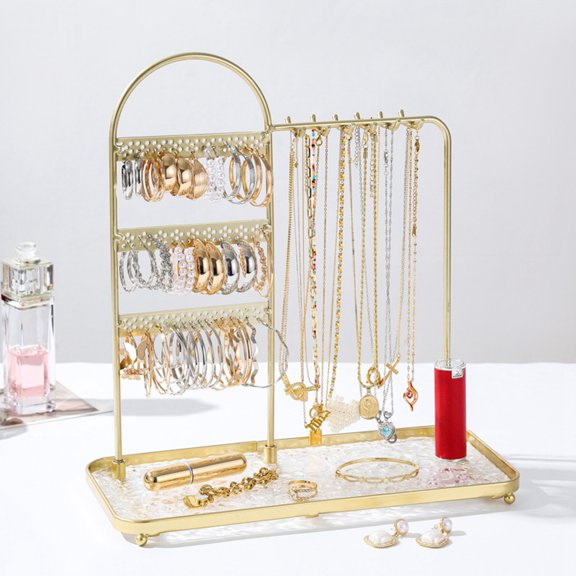 1 set Multifunctional Iron Jewelry Display Rack with Jewelry Tray For Hanging Necklaces Earrings Braceletss Golden 30x13.7x32.5cm