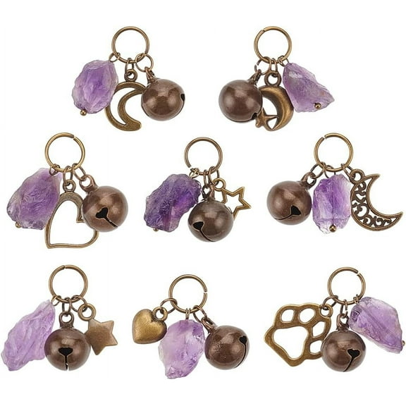 1 set Natural Amethyst Pet Collar Charms Alloy Pendant Decoration with Bells for Cat Dog Rabbit Moon/Heart/Star/Paw Print Antique Bronze 26~30mm 8pcs/set