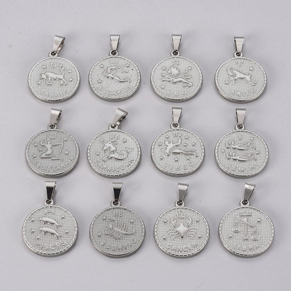 1 set Non-Tarnish 304 Stainless Steel Pendant sets Flat Round with Twelve Constellation/Zodiac Sign Stainless Steel color 29x25x3.2mm Hole: 9x4.5mm 12pcs/set