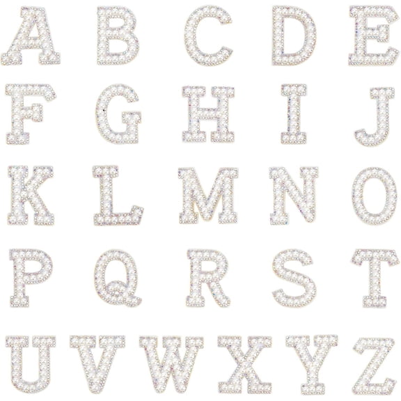 1 set Non-woven Fabrics Clothing Patches with ABS Imitation Pearl Beads & Resin Rhinestone Costume Accessories Letter A~Z White 43~48x20~51x5.5mm 26pcs/set