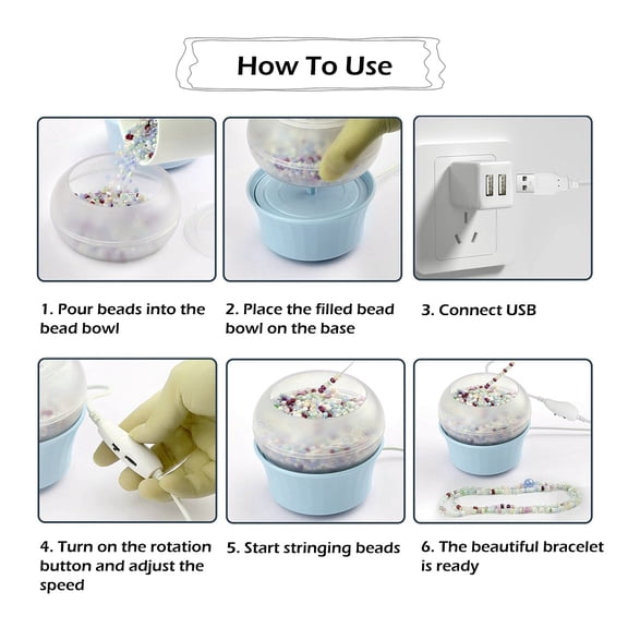 1 set Plastic Automatic USB Beading Machine Electric Bead Spinners with Carbon Steel Crochet Wire Light Sky Blue 10.9x10.9x9.65cm