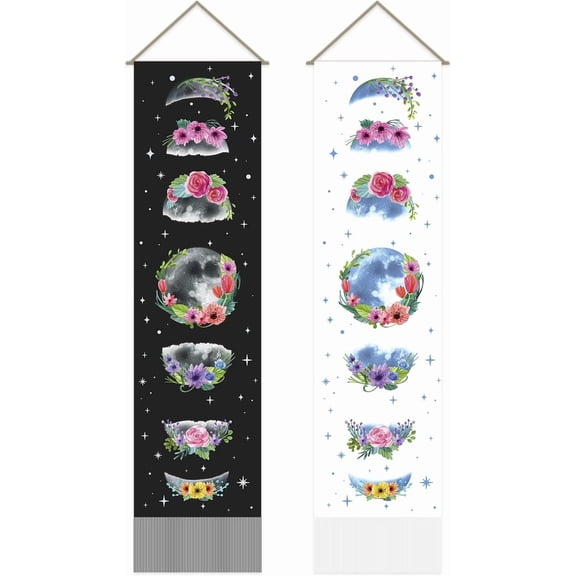1 set Polyester Decorative Wall Tapestrys for Home Decoration with Wood Bar Rope Rectangle Flower Pattern 1300x330mm