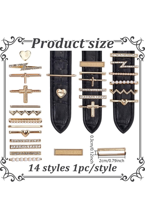 1 set Rectangle & Cross Zinc Alloy Watch Band Charms for Watch Loops Accesssories with Rhinestone Golden 1.5~3x7.5~25x8.5~25.5x5~8mm 14pcs/set