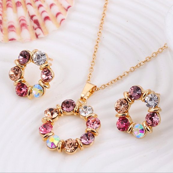 1 set Ring Alloy Rhinestone Pendant Necklace Stud Earrings sets Golden 475mm