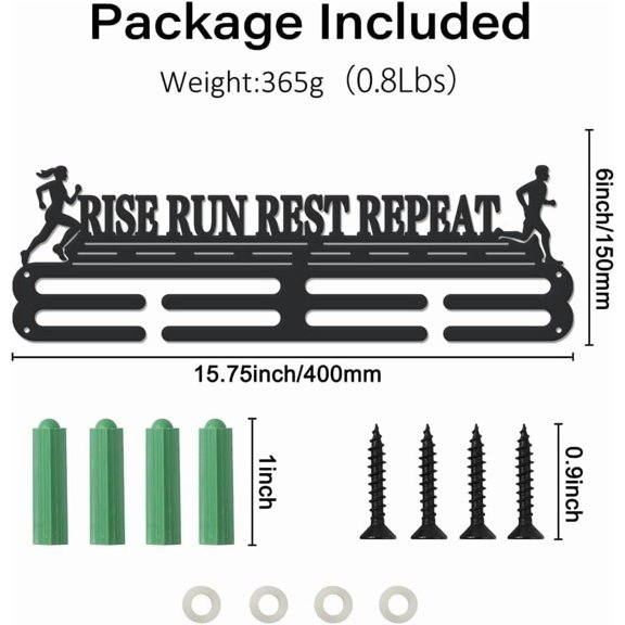 1 set Running Medal Hanger Holder Display Rise Run Rest Repeat Sports Medals Display Rack for 40+ Medals Wall Mount Iron Ribbon Hook Hanger Decor for Athletes Players Gifts