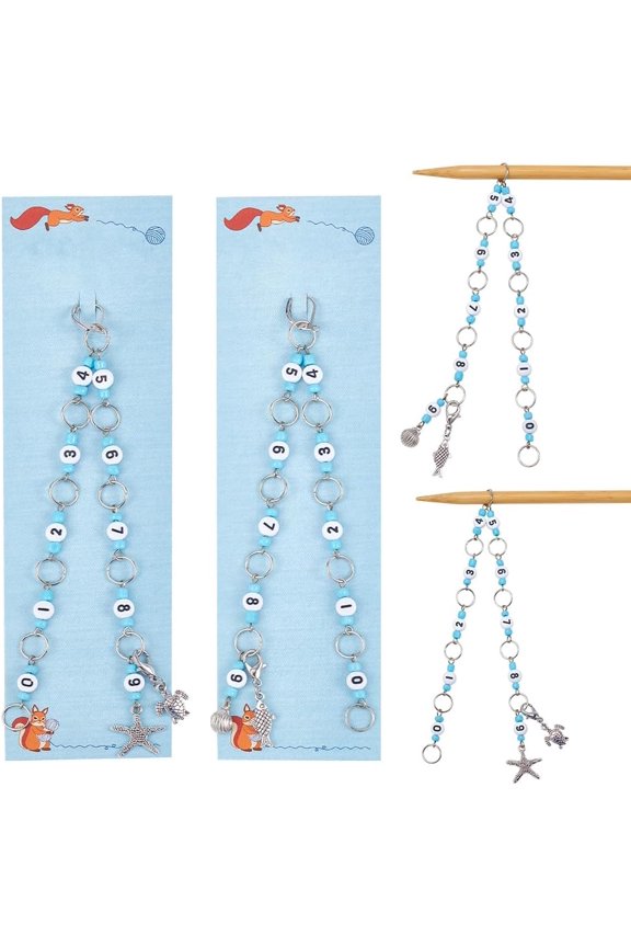 1 set Sea Animal Glass Acrylic Beaded Knitting Row Counter Chains and Starfish Shell Tortoise Alloy Charm Locking Stitch Marker Light Sky Blue 288~295mm 2pcs/set