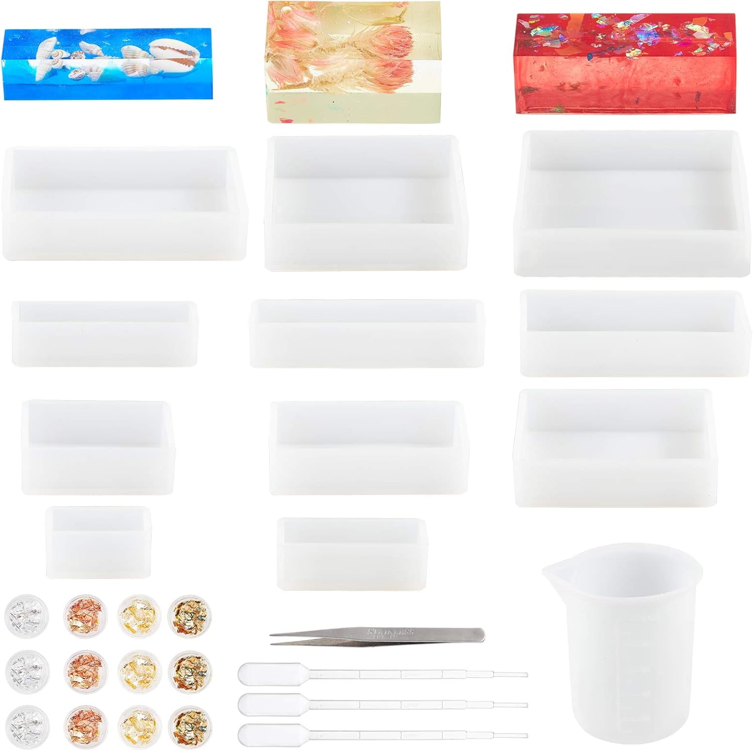 1 set Silicone Resin Casting Molds 11pcs Square Rectangular Silicone Molds Tinfoil Measuring Cup Tweezers Sticks Pipettes and Latex Finger Cots for DIY Crafting Resin Epoxy Jewelry Making
