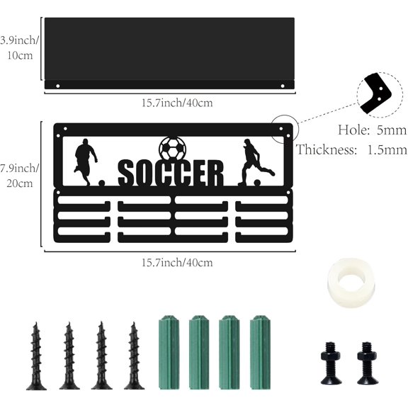 1 set Soccer Medal Hanger Display Sports Trophy Shelf 3 Row Football Wall Mount Hold 60+ Medals Iron Rectangle Athlete Rack Frame Holder Stand for Basketball Sports Races Cheer 15.7 x 7.9 Inch