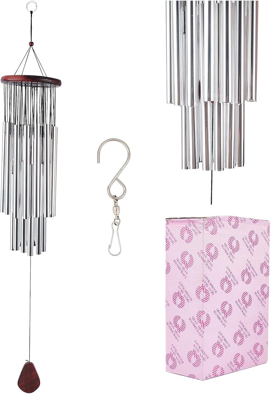 1 set Solid Wood Wind Chimes with Brass Tubes for Home Party Festival Decor Garden yard Decoration with Stainless Steel Swivel Hooks Clips Platinum 66x13.2cm