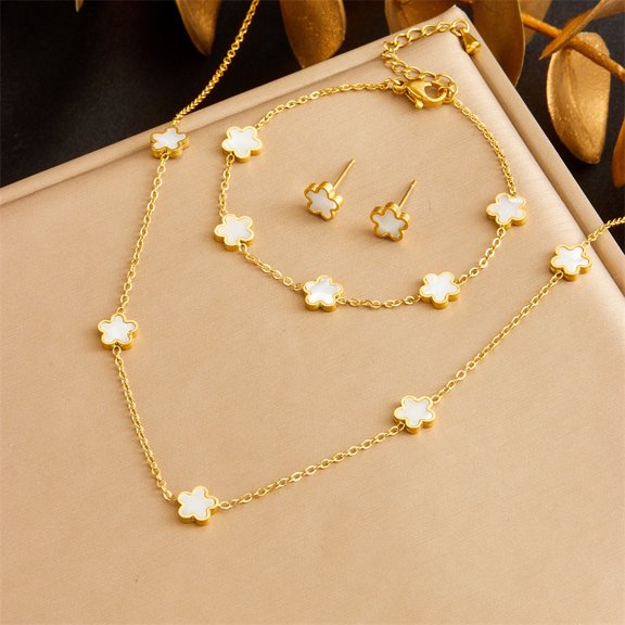 1 set Stainless Steel Natural Shell Chain Necklace Bracelet Stud Earring Golden Flower 410mm 160mm 7mm